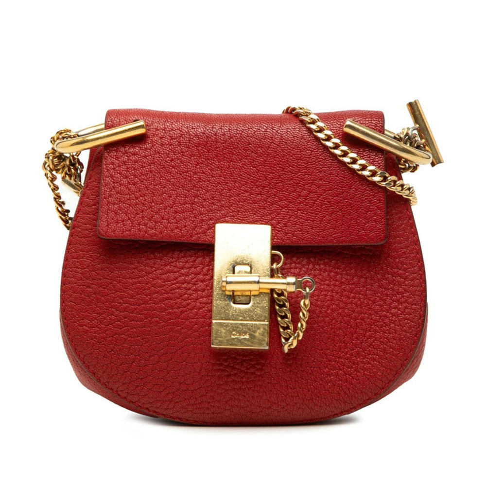Chloe Drew Crossbody Chain Shoulder Bag Red Gold Leather Plated